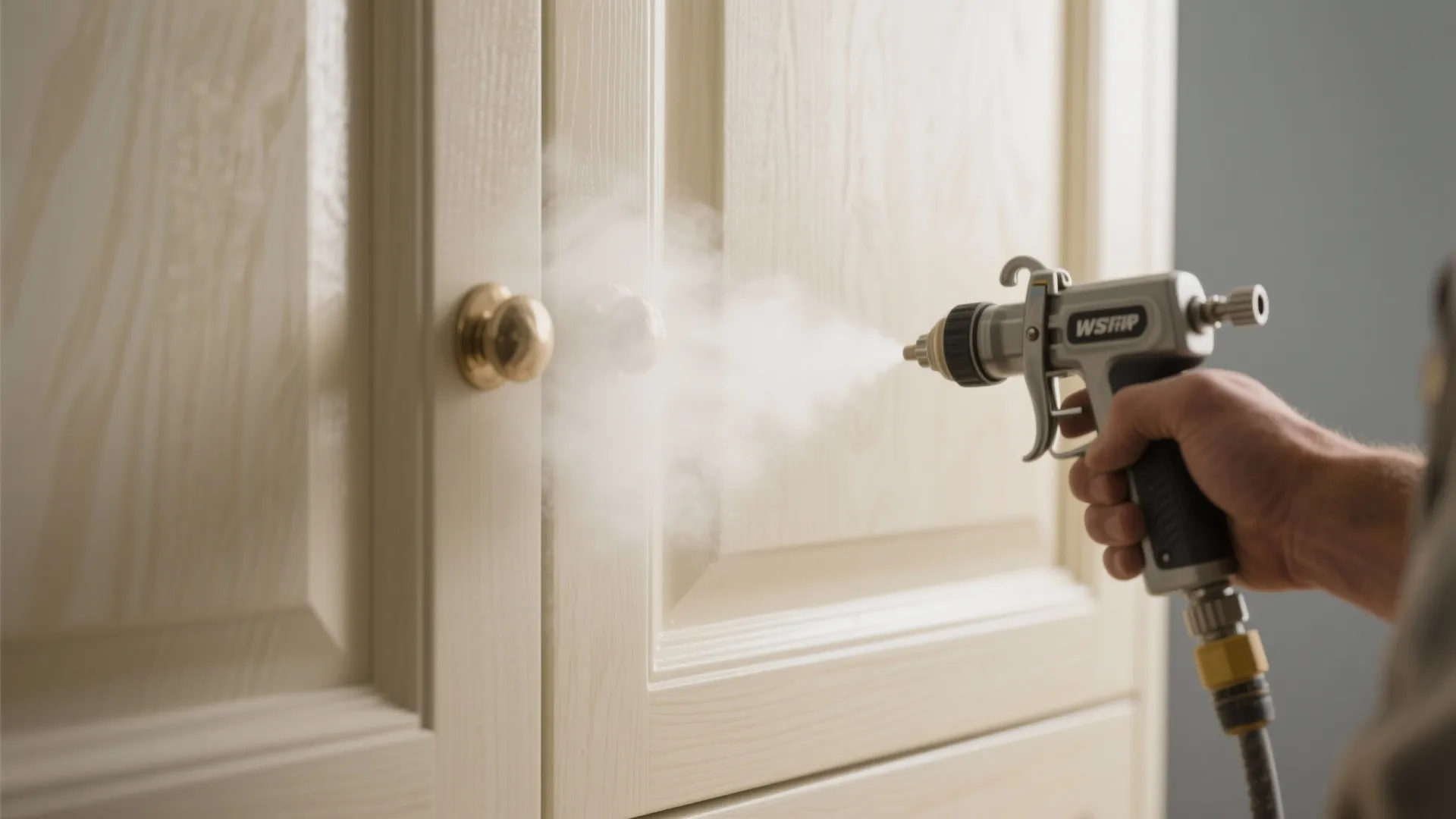 Person using a hand paint sprayer to apply white paint onto a wooden kitchen cabinet