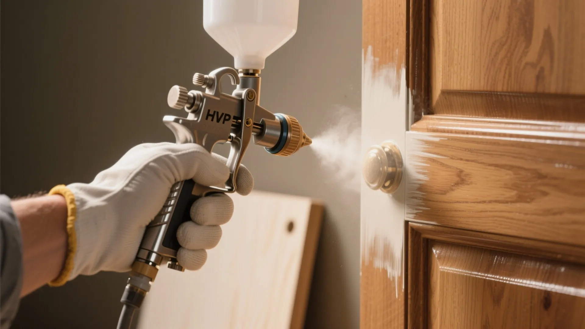 Close-up of an HVLP handheld sprayer applying a smooth lacquer coat to a wooden cabinet door.