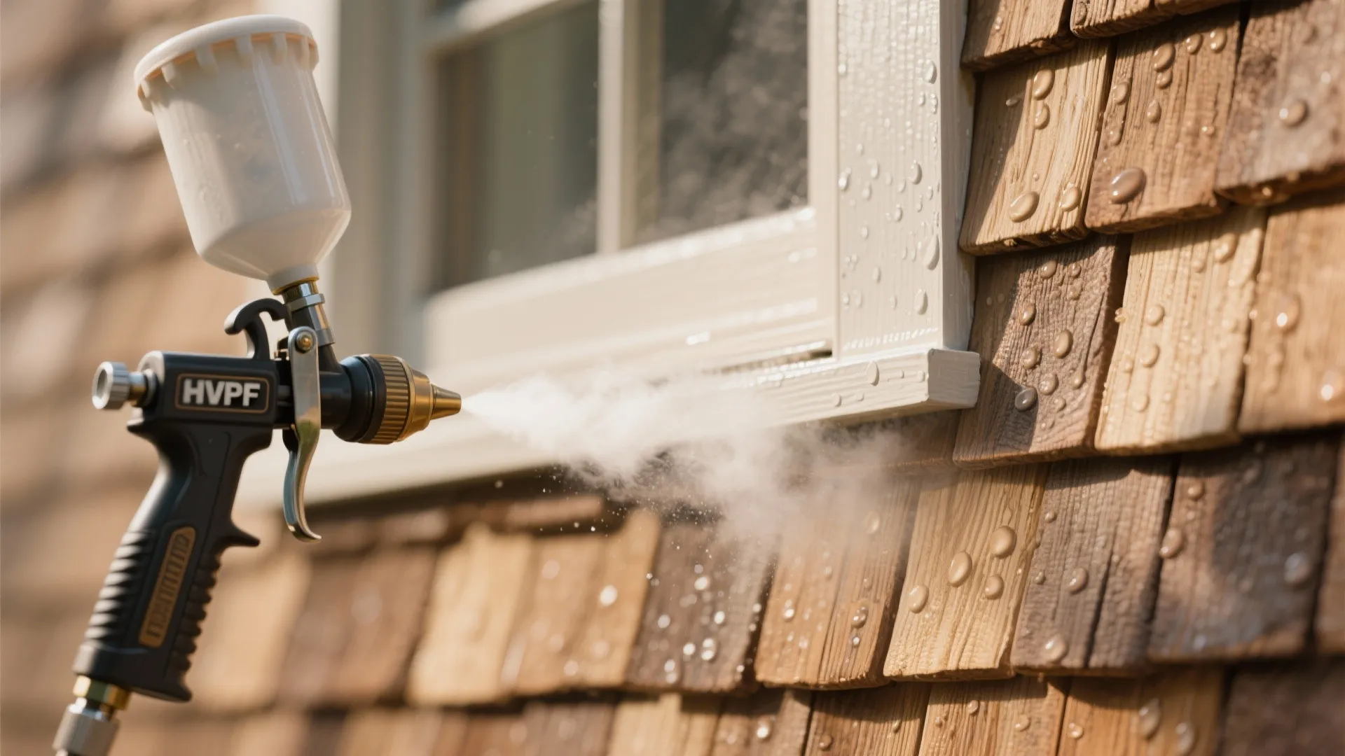 Close up of paint sprayer applying white paint to wooden window trim on a house exterior