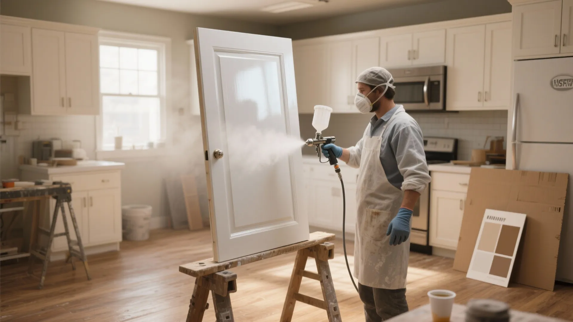 Man wearing protective mask using paint sprayer to apply white paint on wooden door indoors