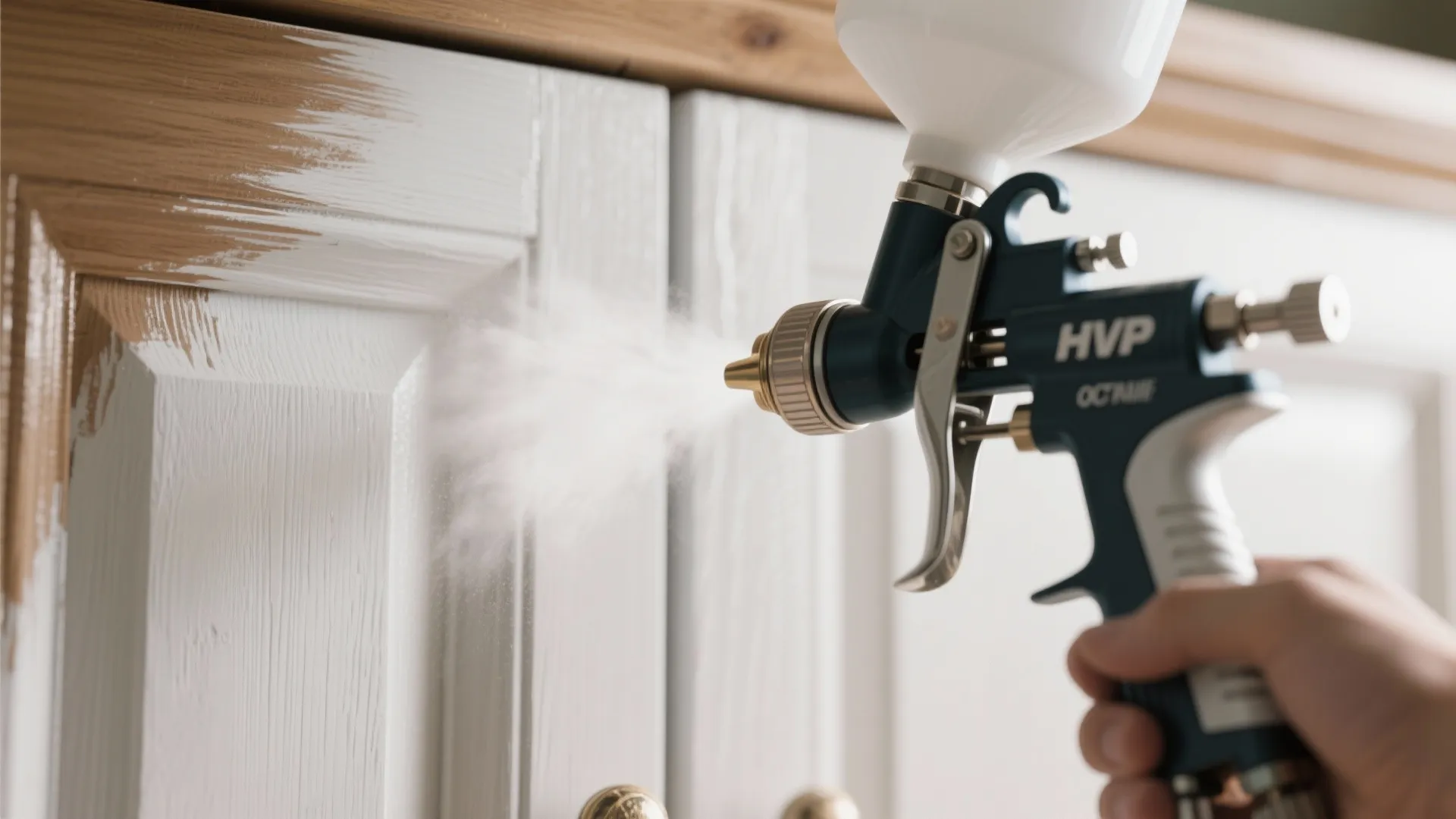 Hand holding a blue spray gun applying white paint onto a wooden kitchen cabinet door