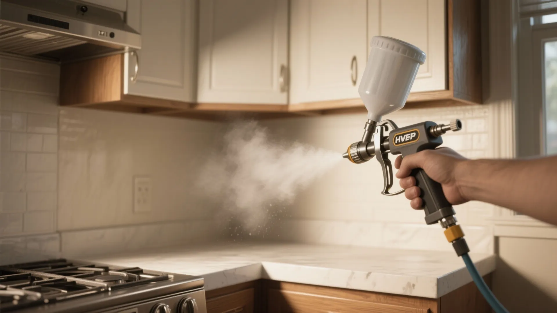 Hand holding a paint sprayer applying white paint to wooden kitchen cabinets and a surface