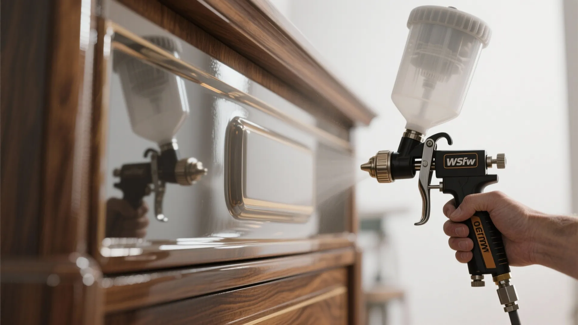 Close-up of an HVLP turbine sprayer producing a smooth lacquer finish on furniture.