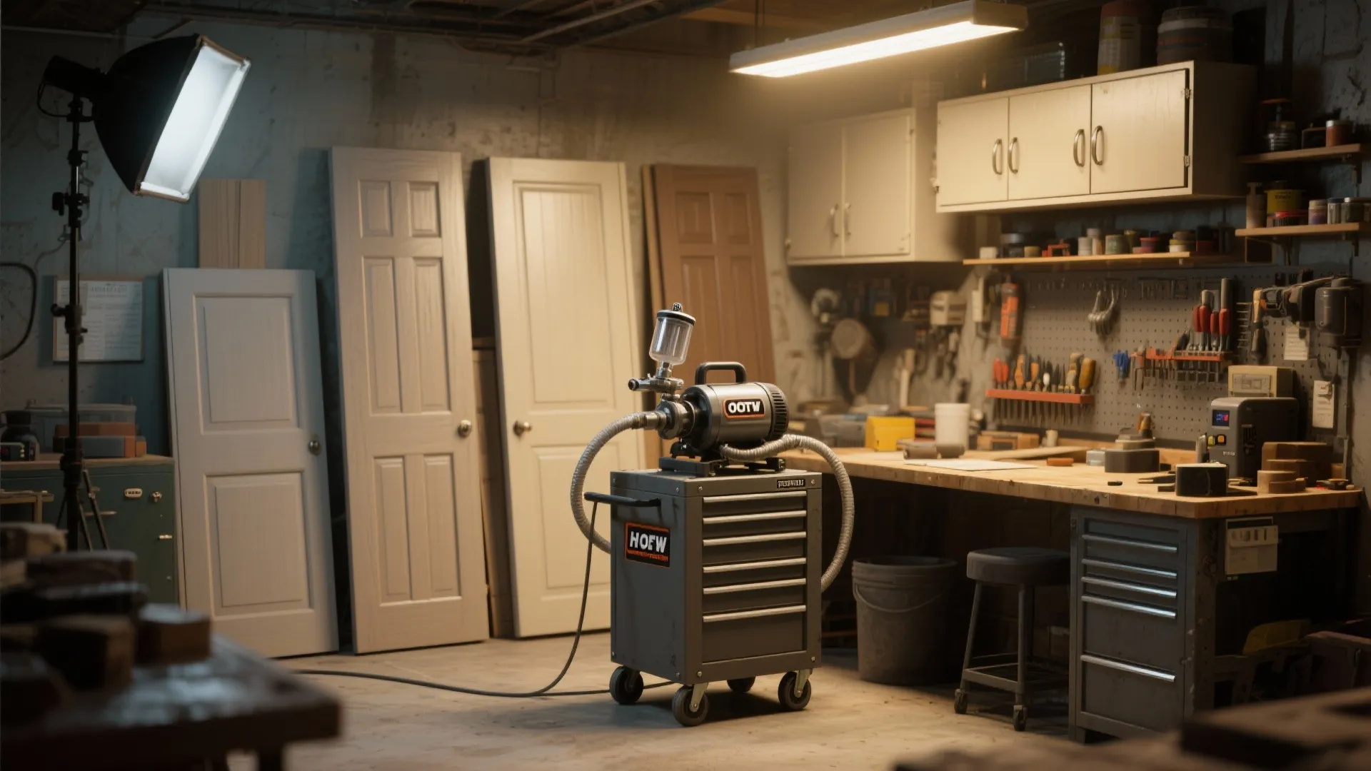 Professional paint spraying machine on a grey tool cart inside a lit home woodworking workshop