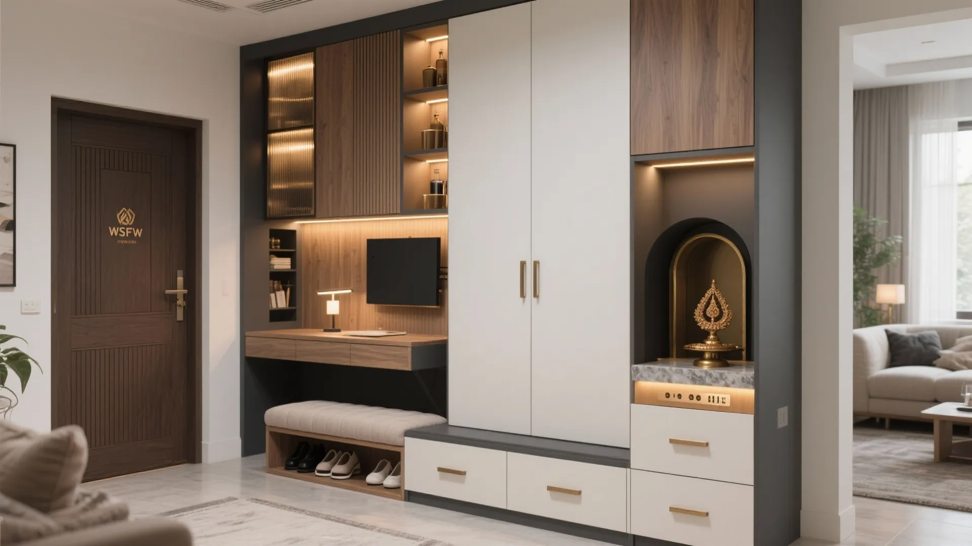 Hybrid Almirah: Bench + Hidden Desk + Bar (or Pooja Niche)