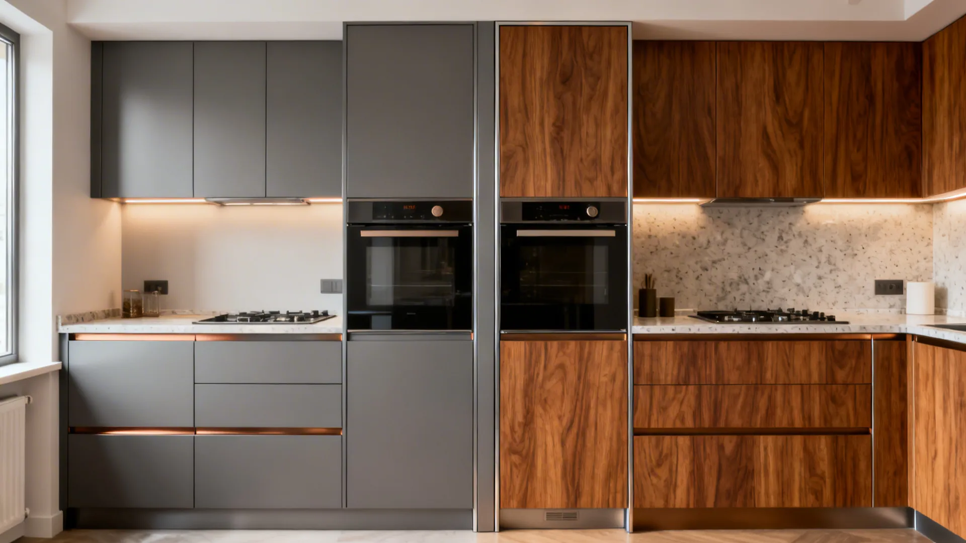 Comparison of all-aluminium cabinets versus aluminium carcass with wood-look laminate fronts.