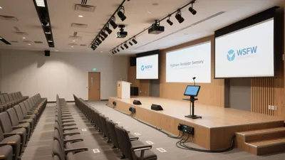 Modern Conference Hall with Dual Screens & Professional Lighting