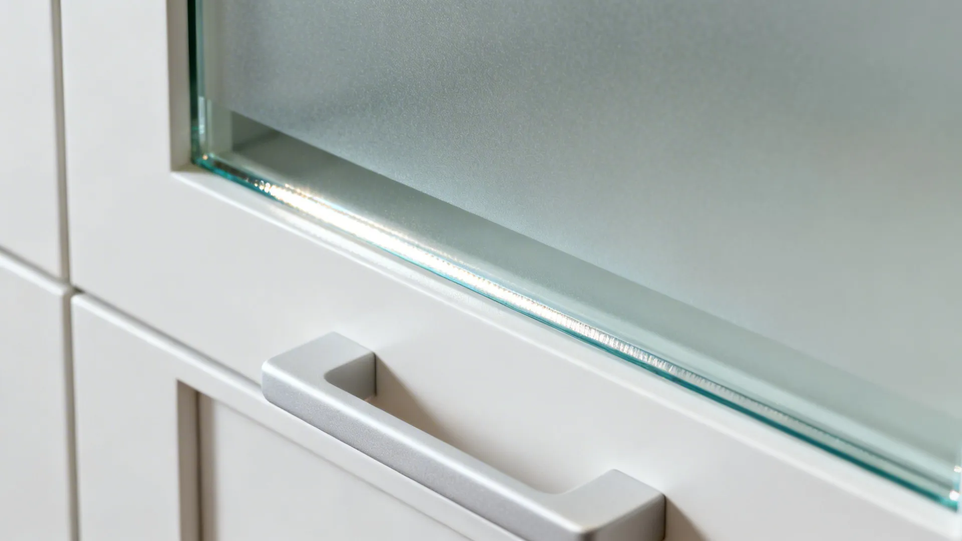 Close-up showing the frosted-to-clear transition band on a cabinet door.