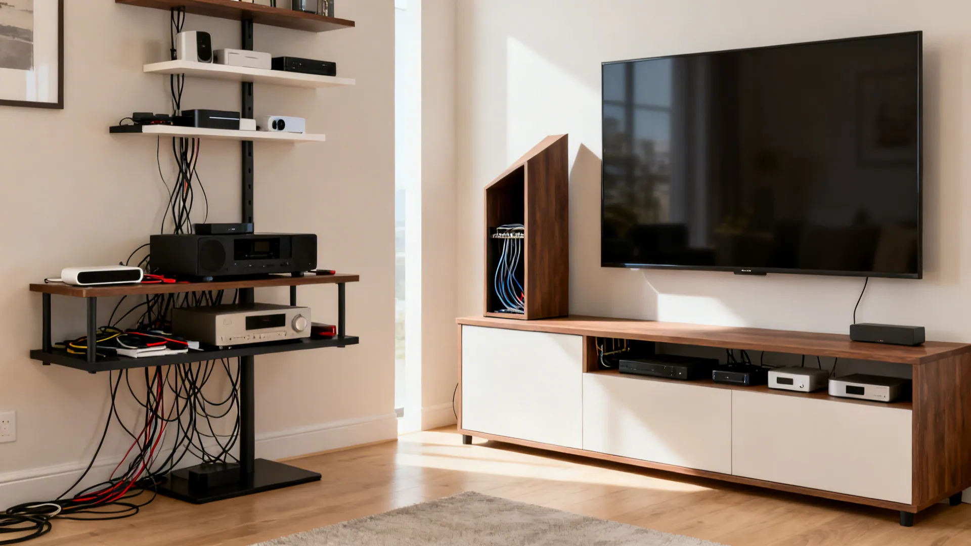 Before-and-after of a media wall transforming from cluttered stand to a clean credenza and tower setup.