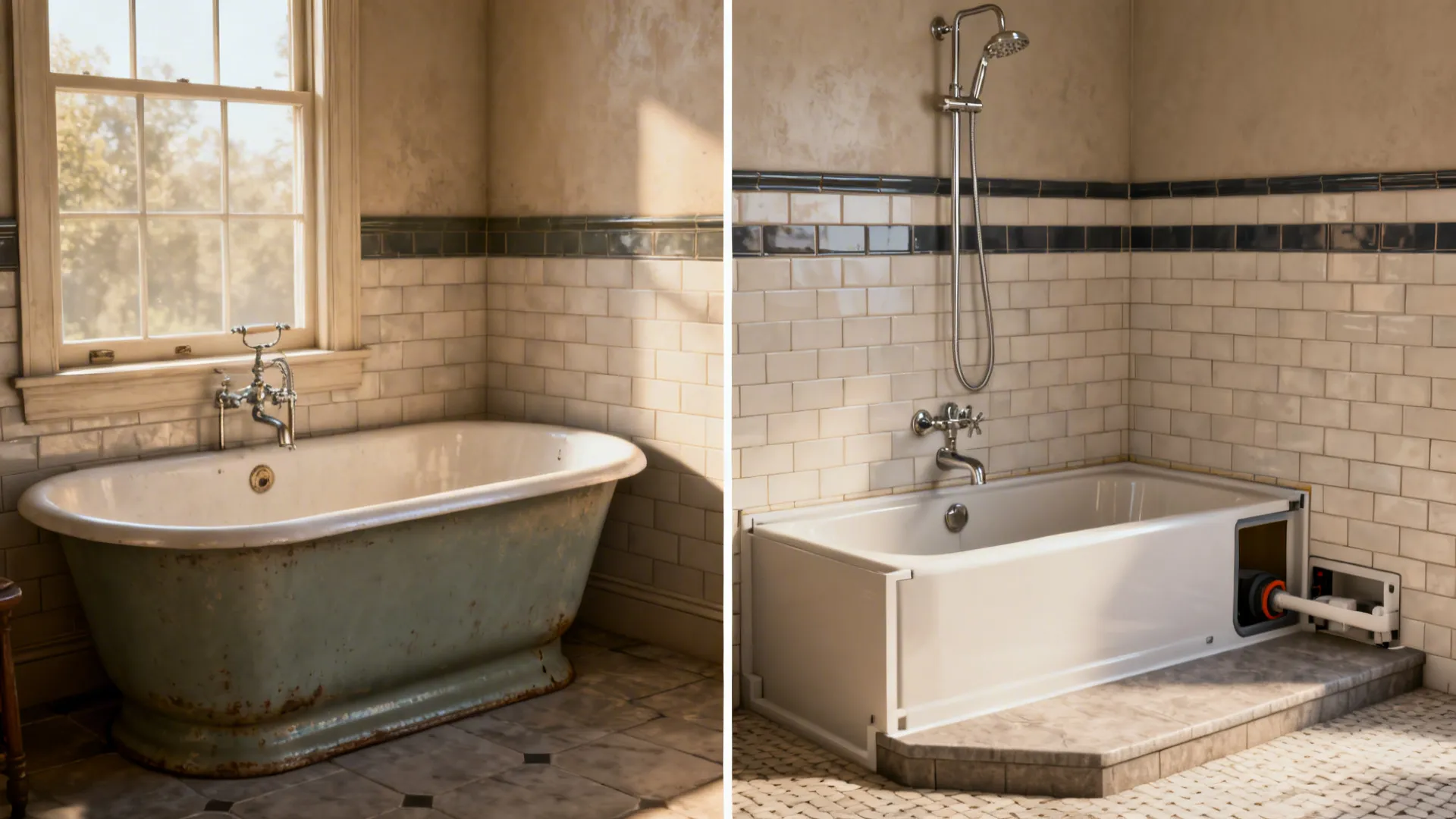 Before-and-after view: cast-iron tub replaced by a shower-over-tub hybrid with a small raised curb