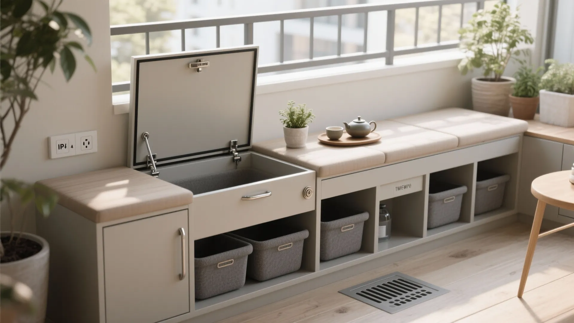 Hybrid Bench Cabinets with Hidden Power and Drain
