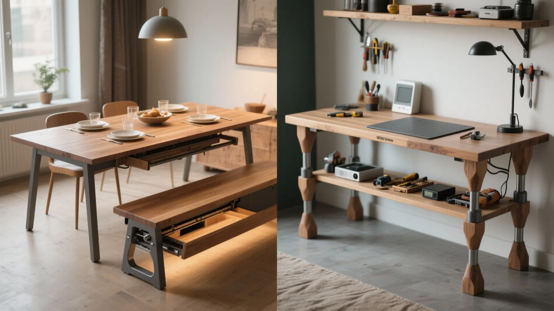 Hybrid bench-and-dining table for multipurpose rooms