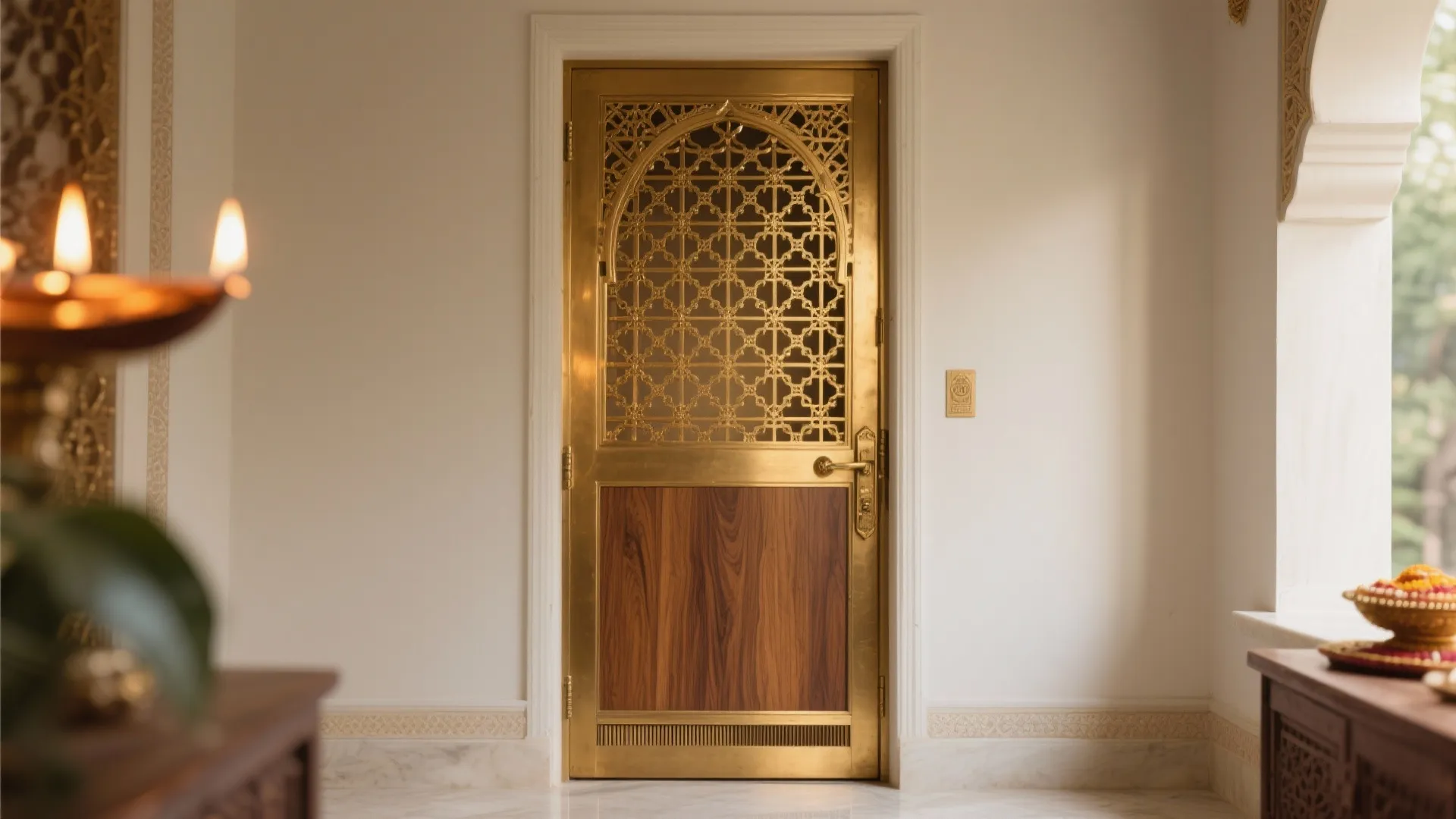 Golden metal door with wooden panel and geometric patterns set in a white wall room