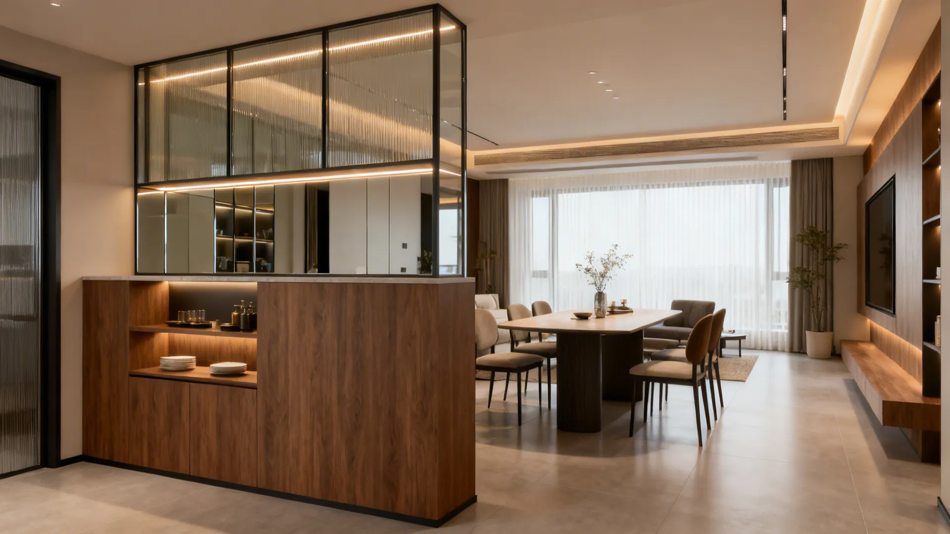 Hybrid half-glazed partition with a built-in buffet balances storage and daylight between rooms.