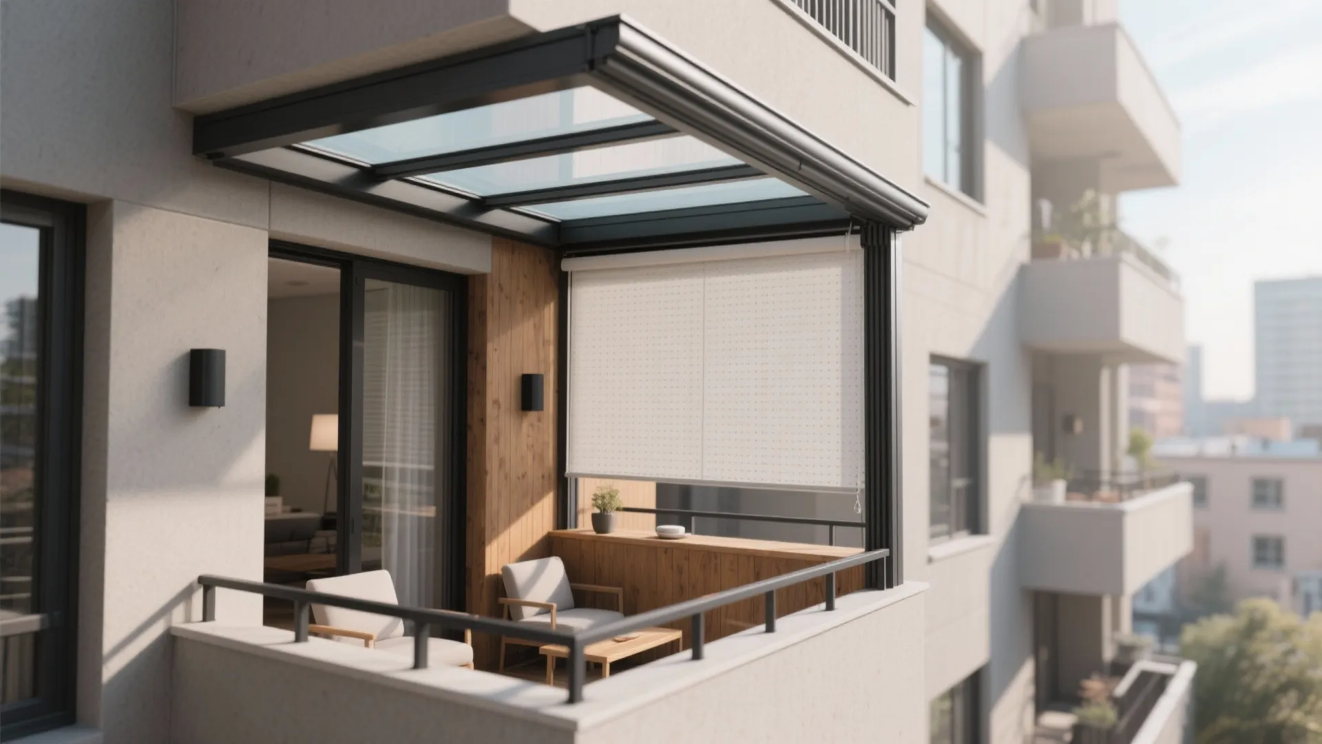 Modern balcony featuring black metal glass roof white roller blind and two simple grey chairs