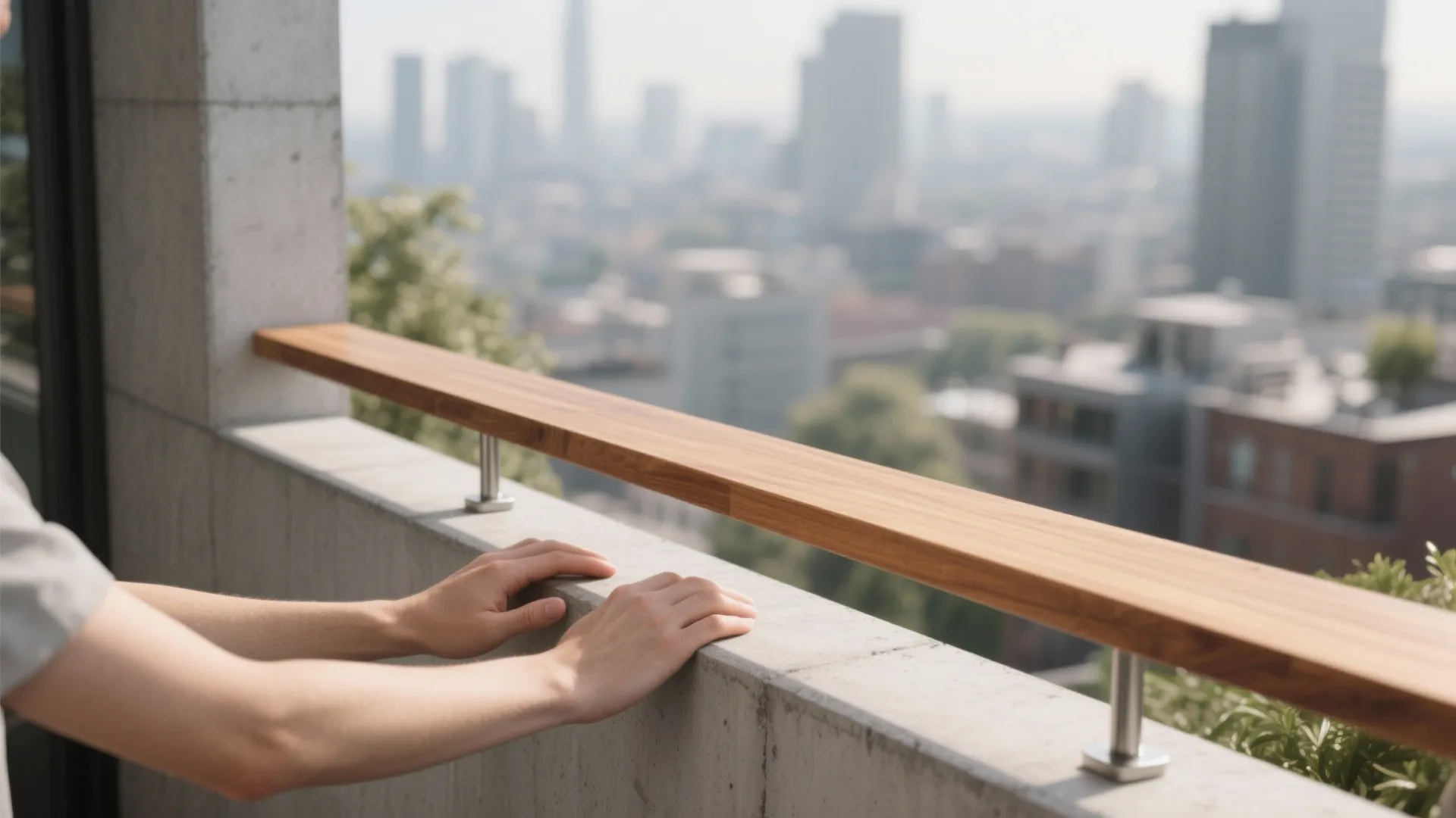 Close up view of hands resting on a concrete balcony railing with a wooden top