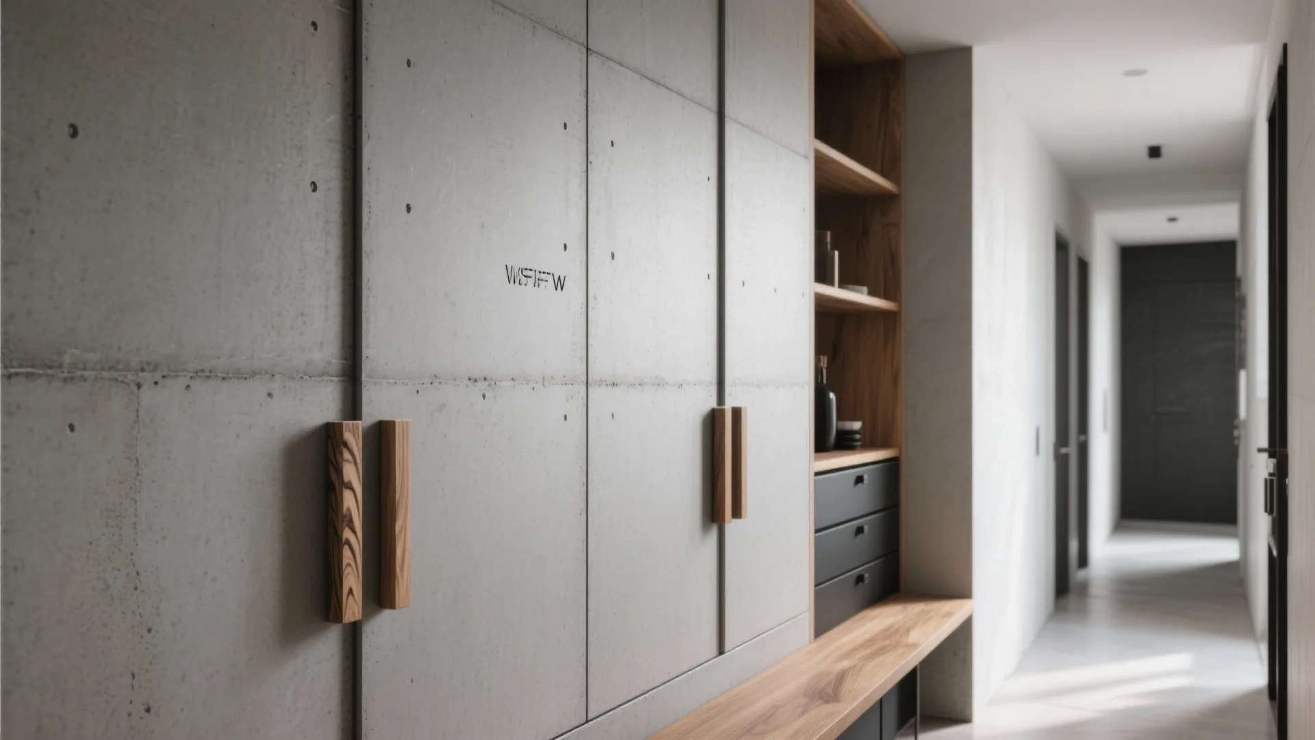 Modern hallway with grey concrete wall panels wooden door handles and built in wood storage shelves