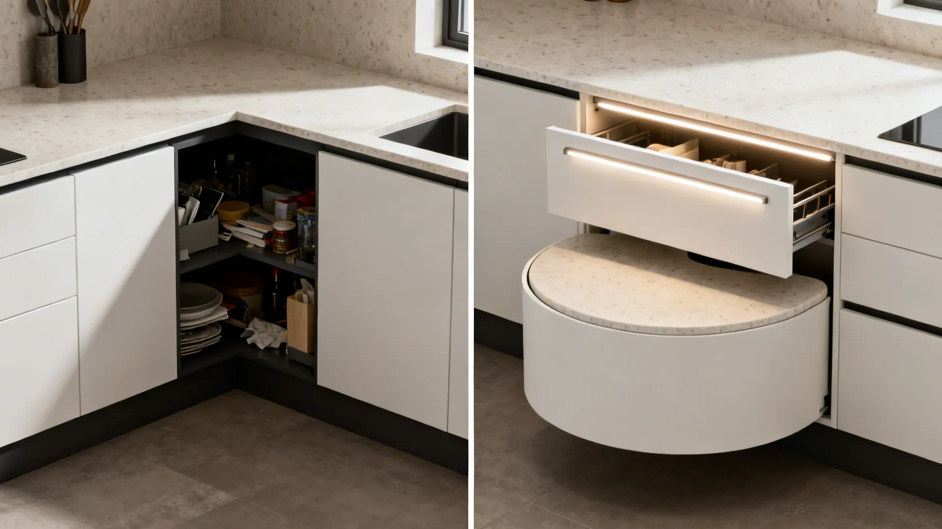 Before-and-after of a corner cabinet upgraded with a lazy Susan, slim pullout, and LED lighting.