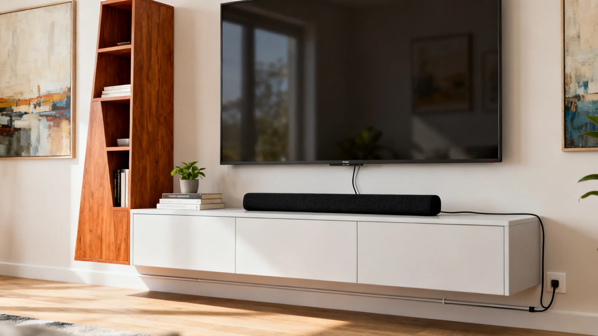 Low credenza under a large TV with an asymmetric tall storage tower and balanced wall art.