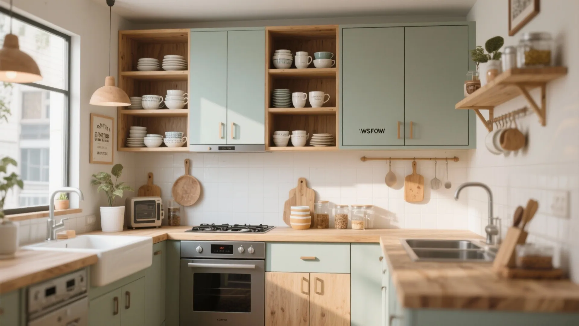 Rustic kitchen with light green cabinets wood countertops open shelving gas stove and ceramic dishes
