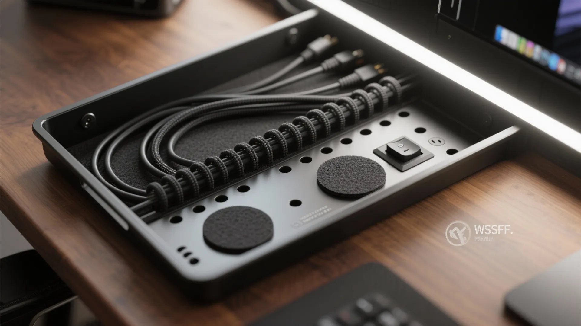 Black metal desk cable management tray with organized wires and a power switch on wood desk