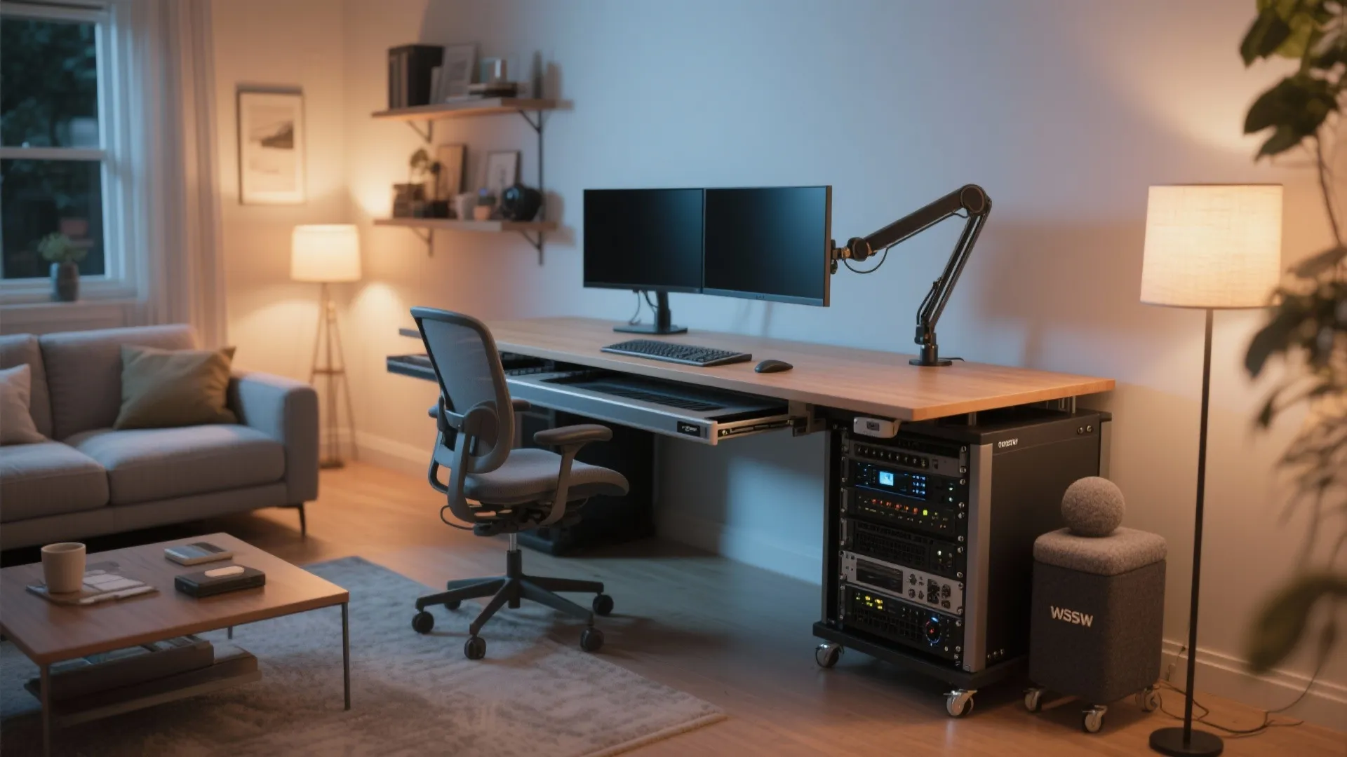 Modern home office setup with wooden desk dual computer monitors grey office chair and floor lamp