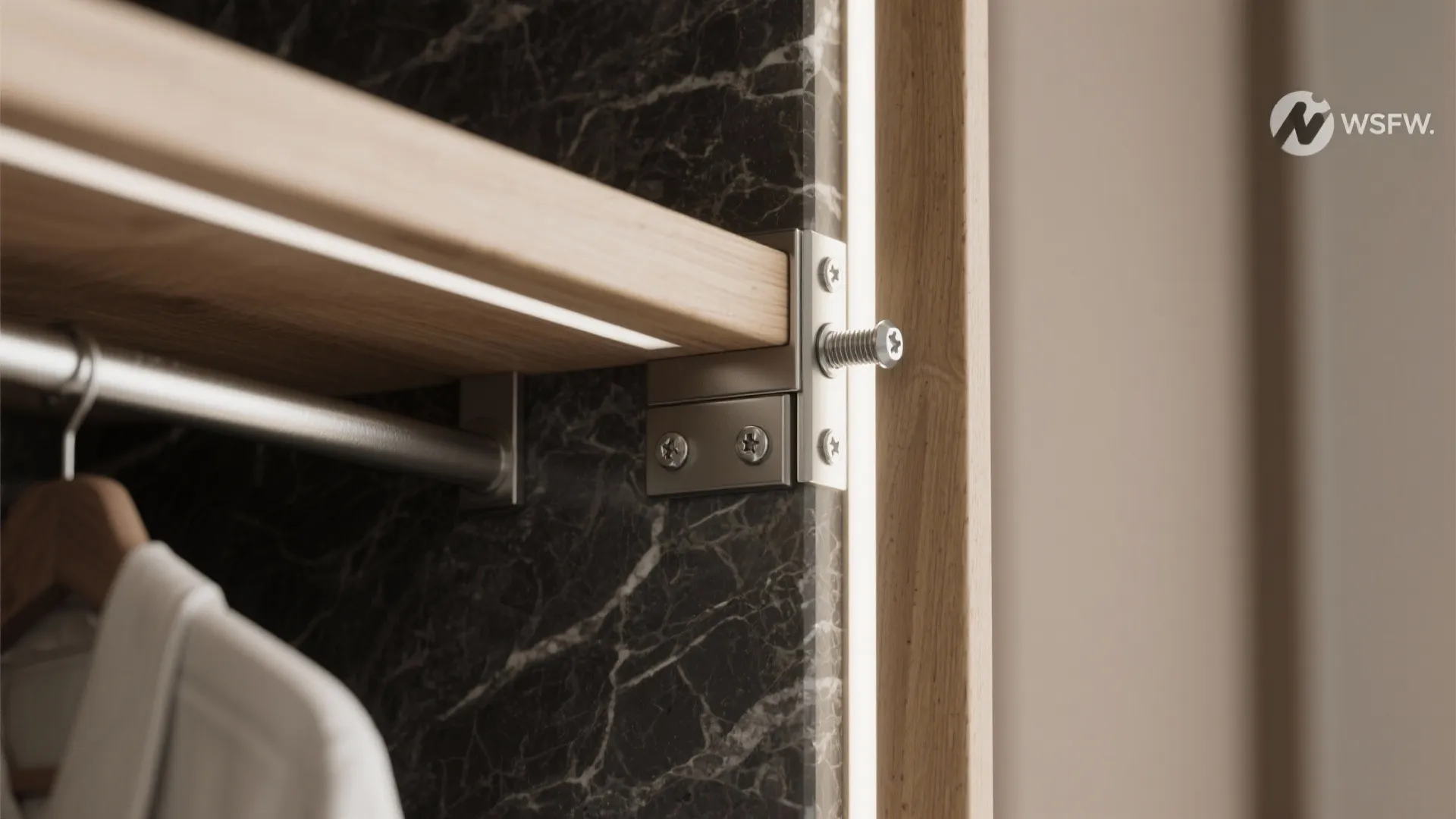 Close up of wooden shelf with light strip metal bracket screw and clothes hanging inside