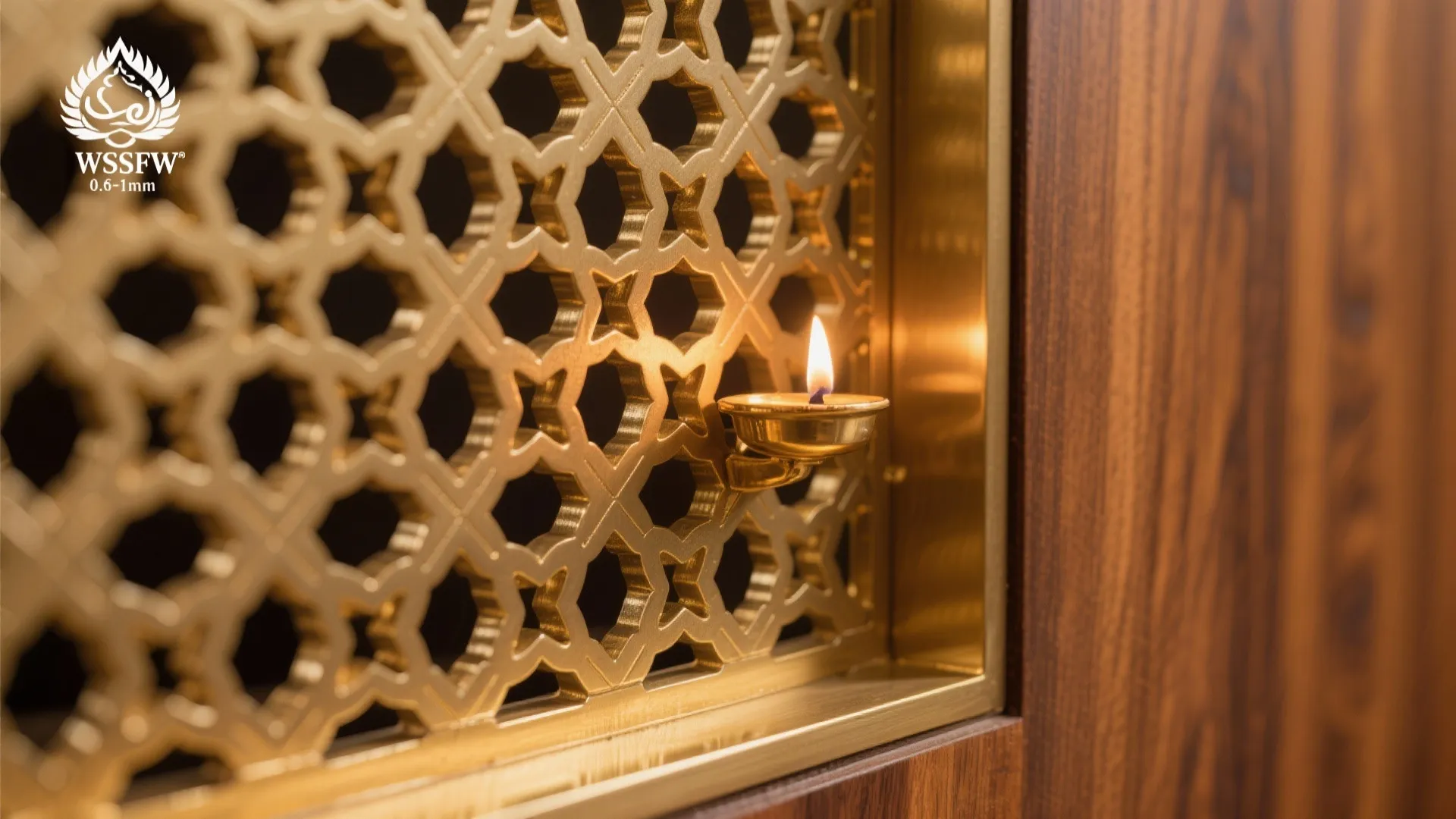 Close up of gold wall panel with pattern holding small oil lamp and wood cabinet
