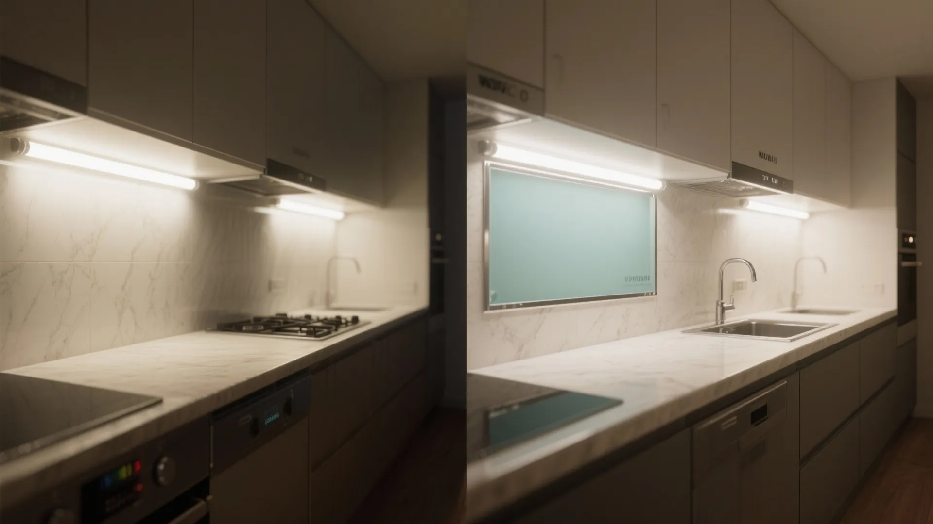 Before-and-after kitchen view showing a hybrid diffuser-reflector panel reducing glare and improving countertop light.