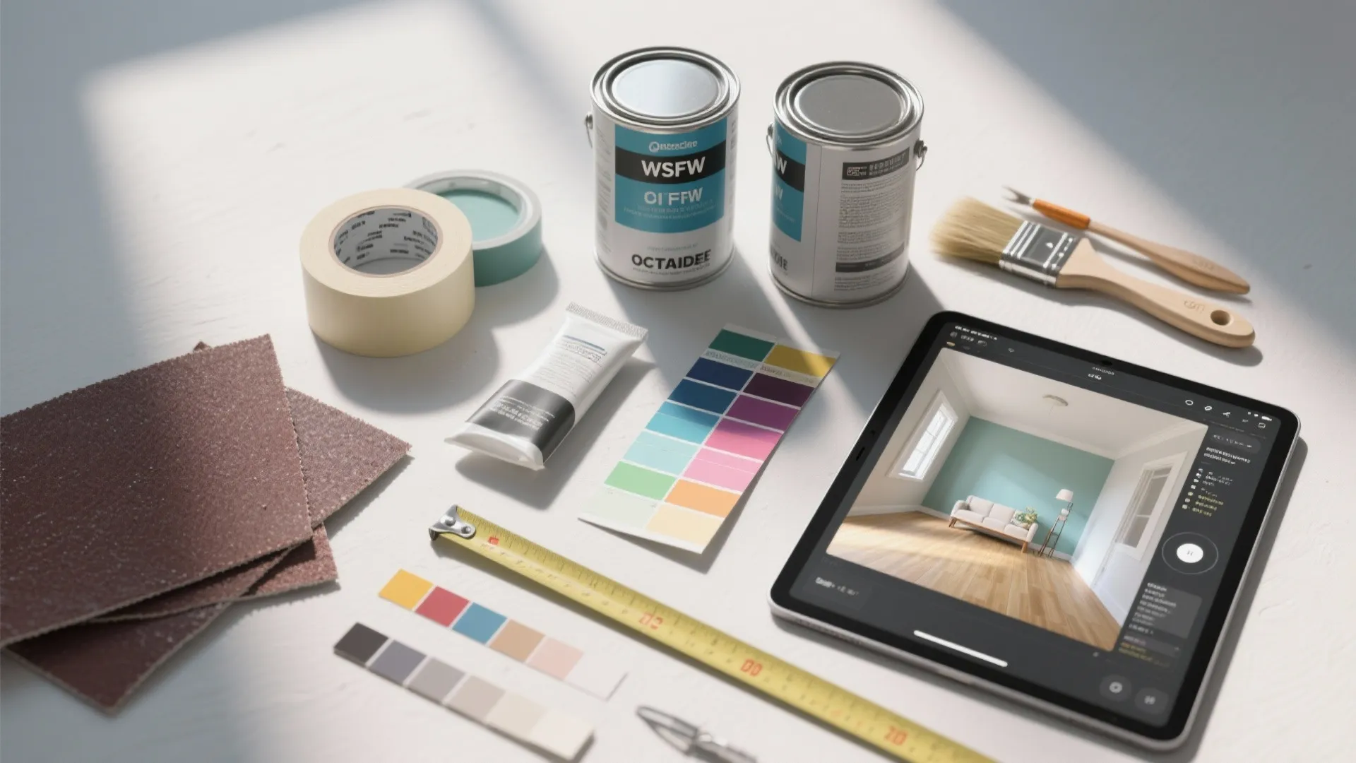 Home renovation tools with paint cans brushes tape and tablet showing a modern room design