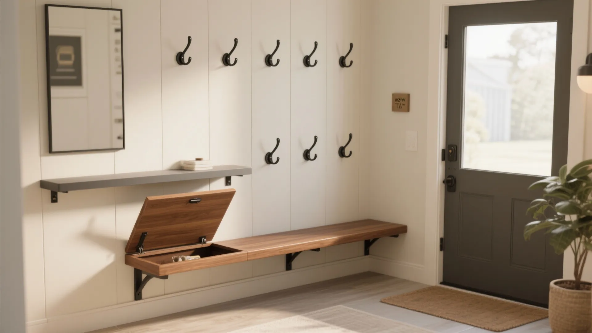 Entryway with long wooden bench wall hooks mirror and door showing functional mudroom storage design