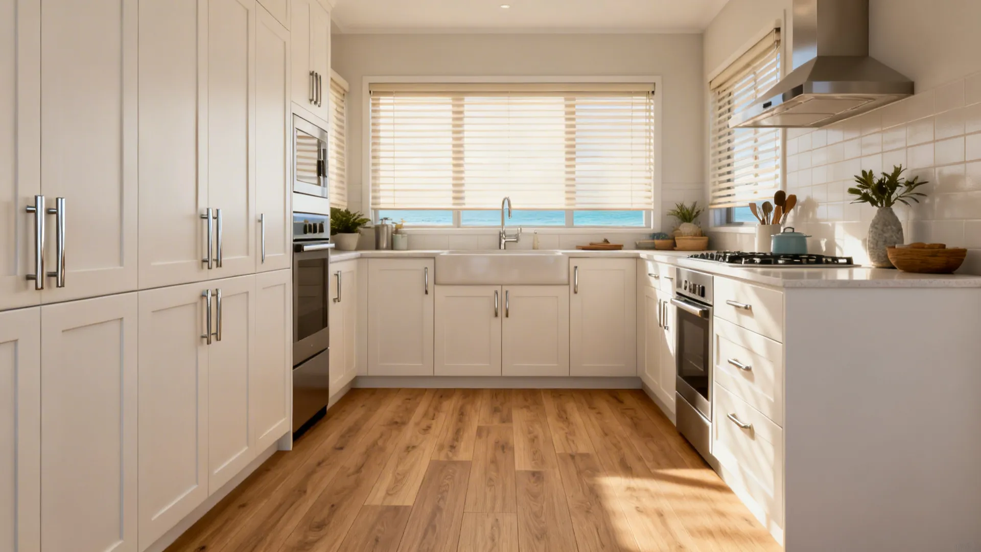 Perth kitchen with hybrid wood-look flooring, matte laminate cabinets, and marine-grade handles.