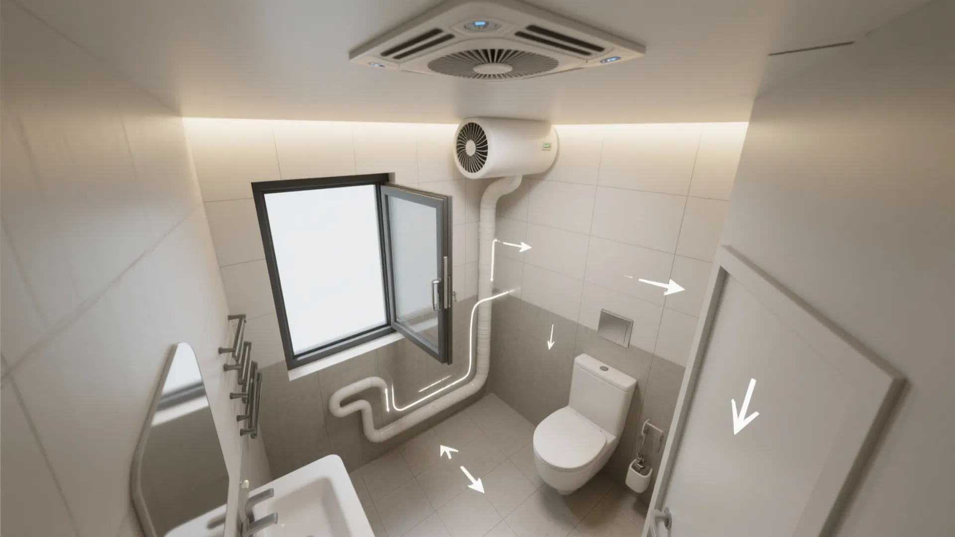 Modern white bathroom layout featuring a ceiling light fan toilet sink and open window view