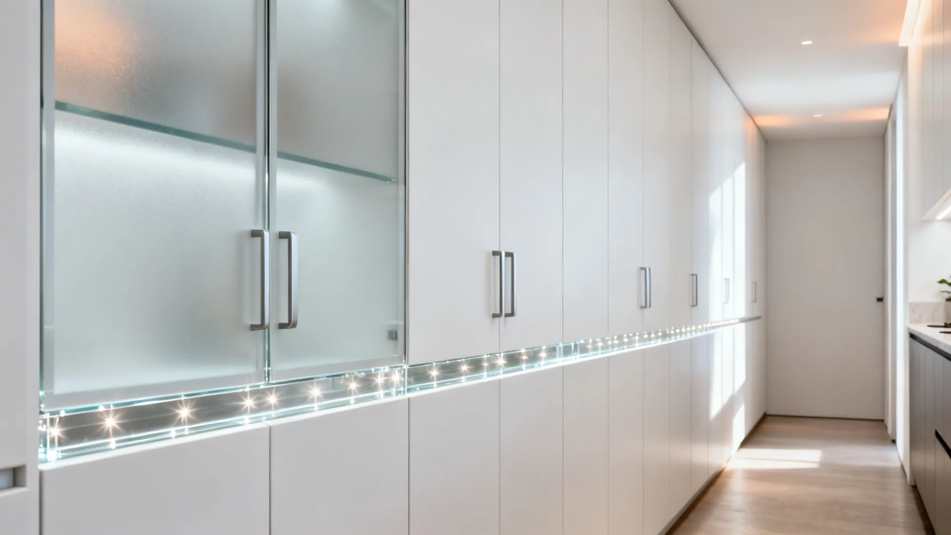 Hybrid cabinet panels with frosted top and a clear lower band creating a horizontal line.