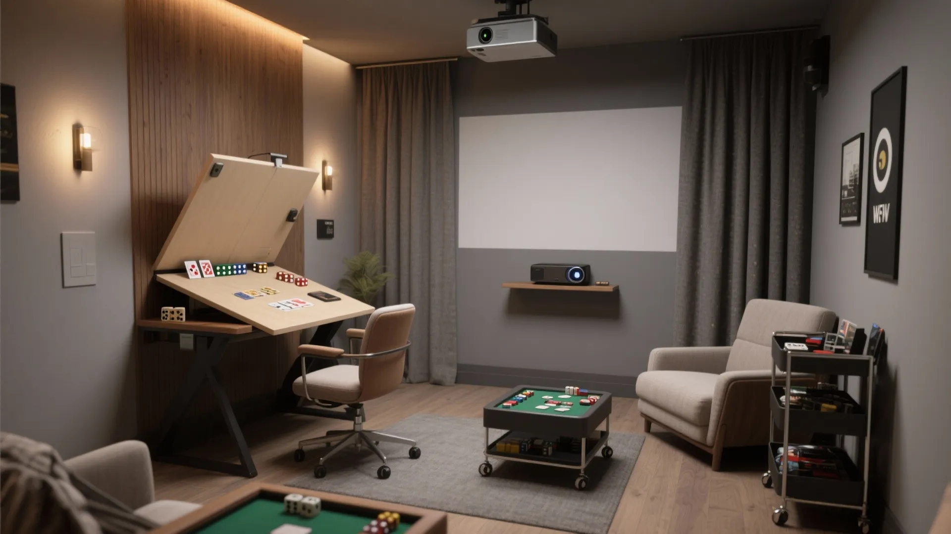 Multi functional game room with projector screen gaming desk comfortable chair and board game table setup