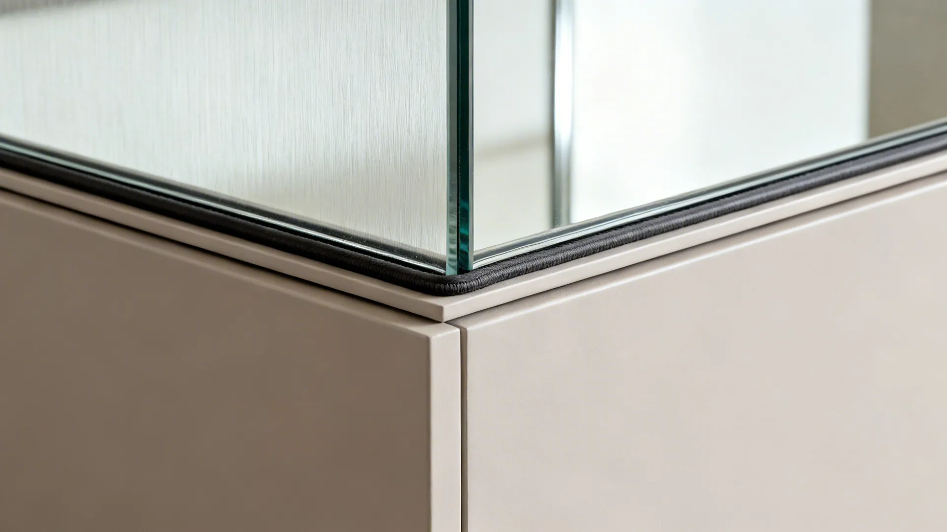 Macro of laminated glass set into a low wall with clean channel and mirrored buffet back.