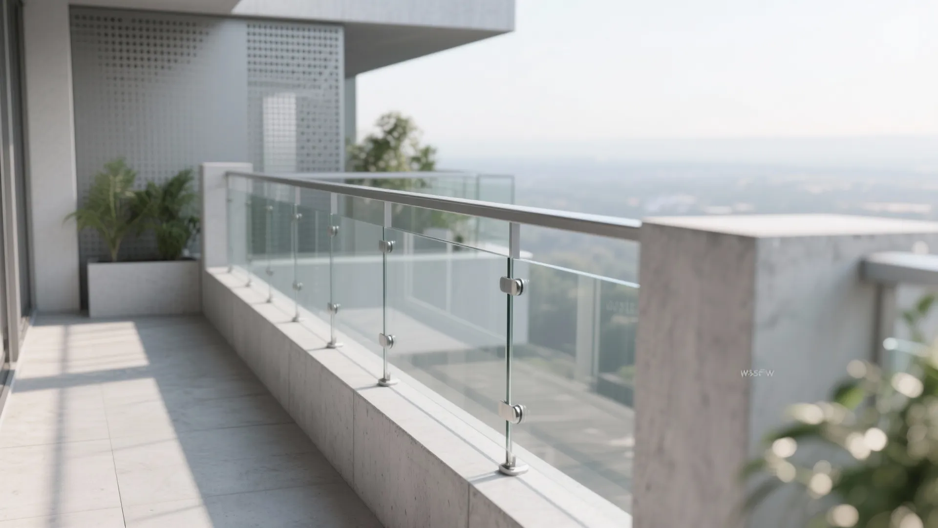 Modern balcony with clear glass railing metal handrail concrete base floor tiles and green plants