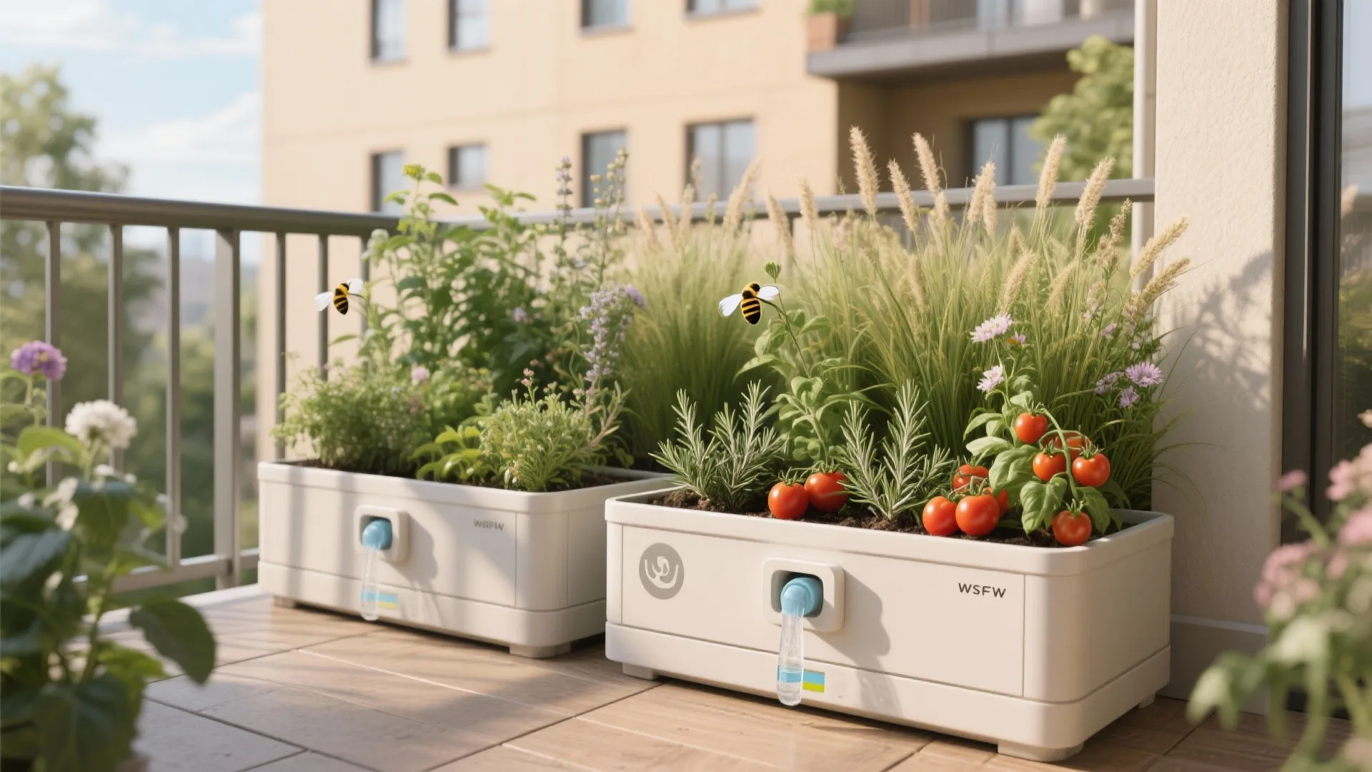 3) Hybrid Greenery: Native Perennials + Edibles in Self-Watering Boxes