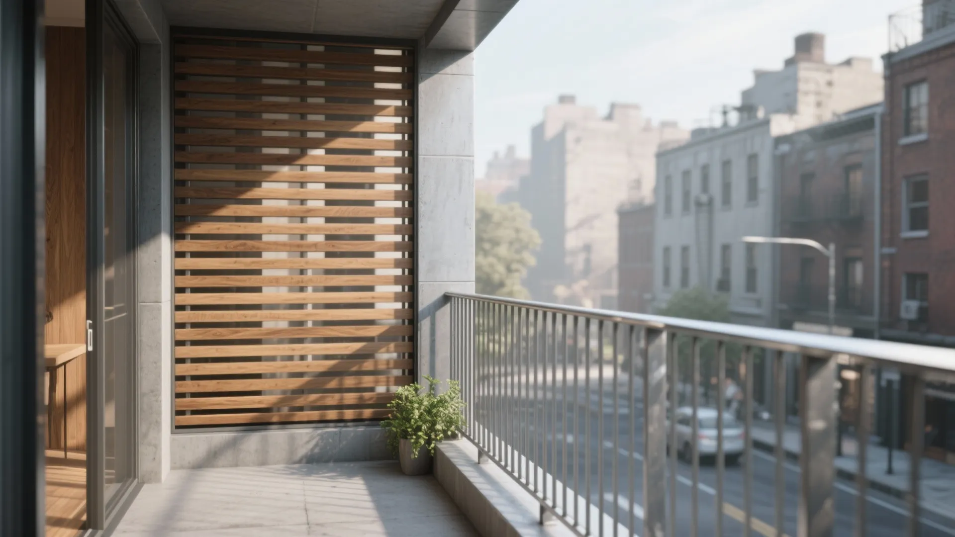 Hybrid warmth: metal grill outside, timber screen inside