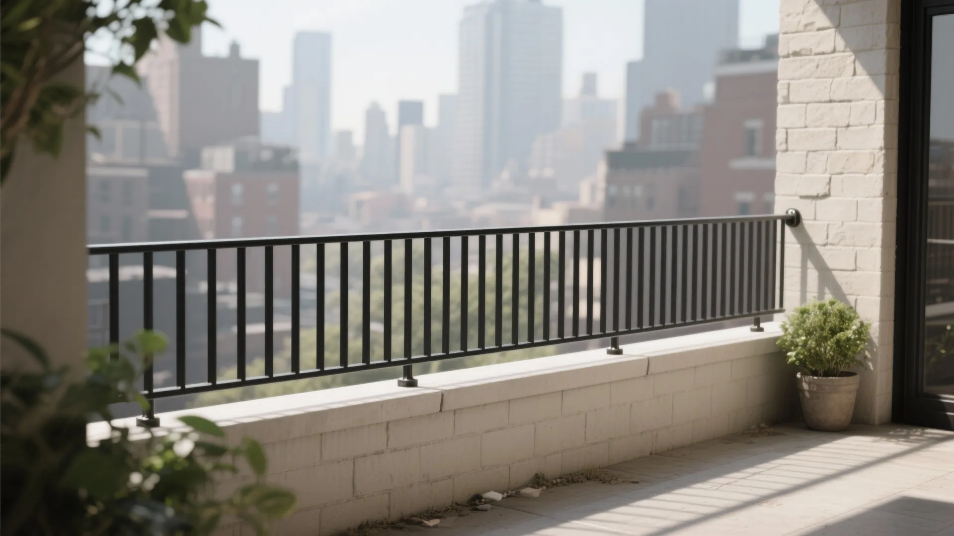 Outdoor balcony with black metal fence on white brick wall overlooking a blurry city skyline