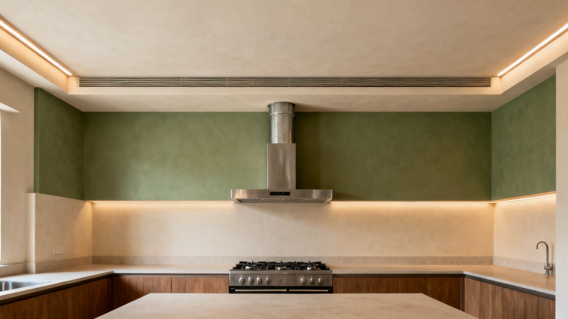 Hybrid gypsum ceiling with concealed chimney duct and perimeter LED pelmet in an Indian kitchen.