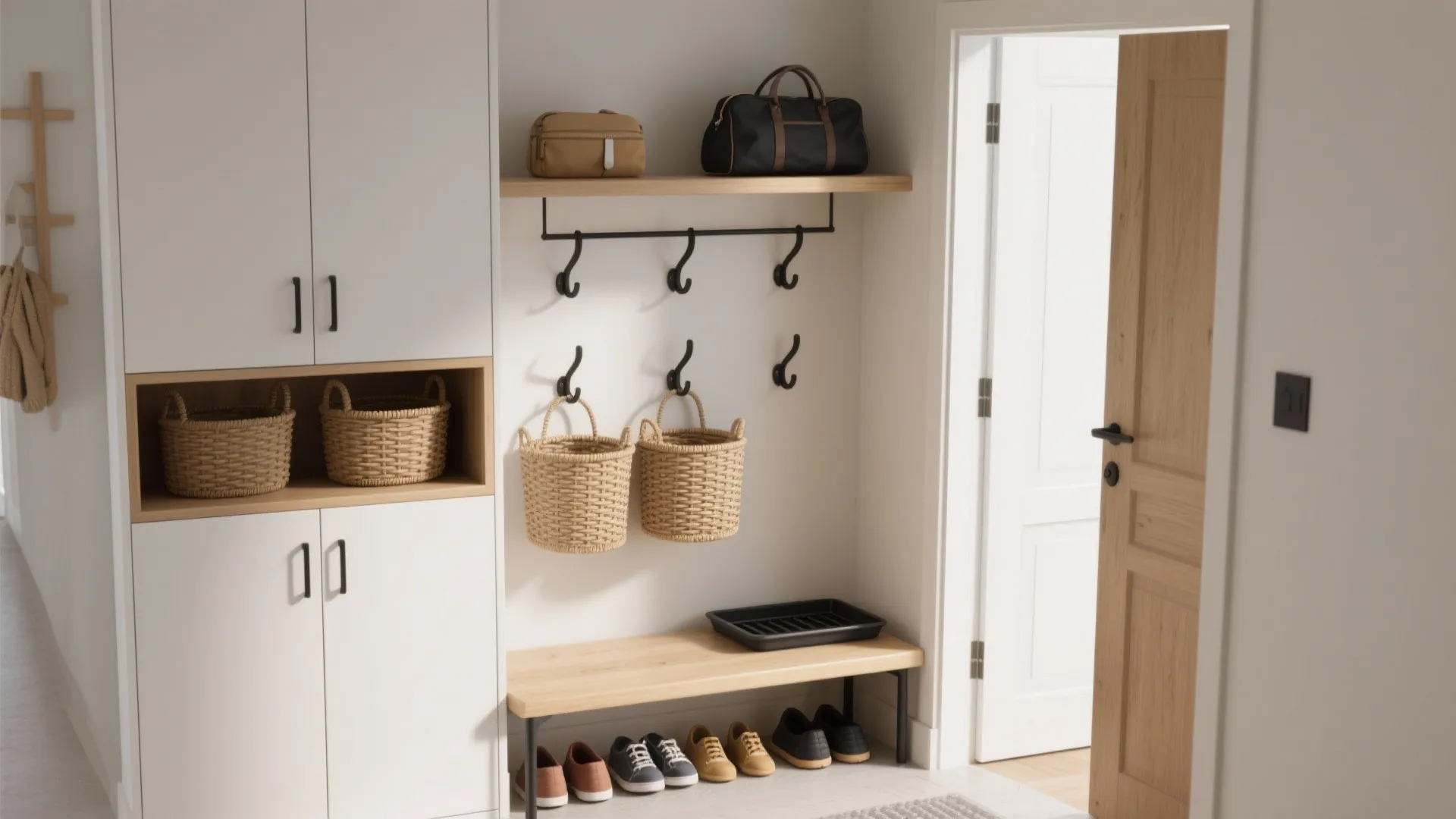Modern hallway with white cabinets wooden bench shoes hanging baskets bags and an open door