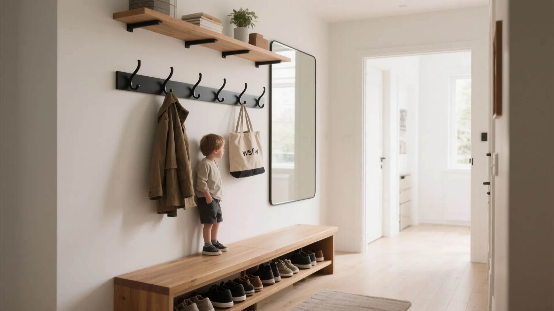 Hallway wall with shelves, mid-level hooks, and a slim storage bench.