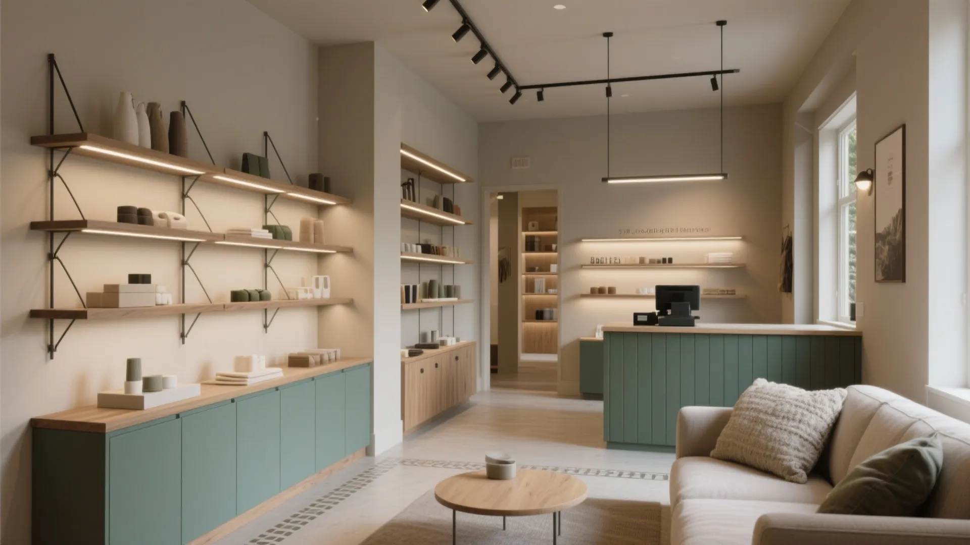 Modern retail store interior with wooden shelves green cabinets sofa coffee table and warm ceiling lights