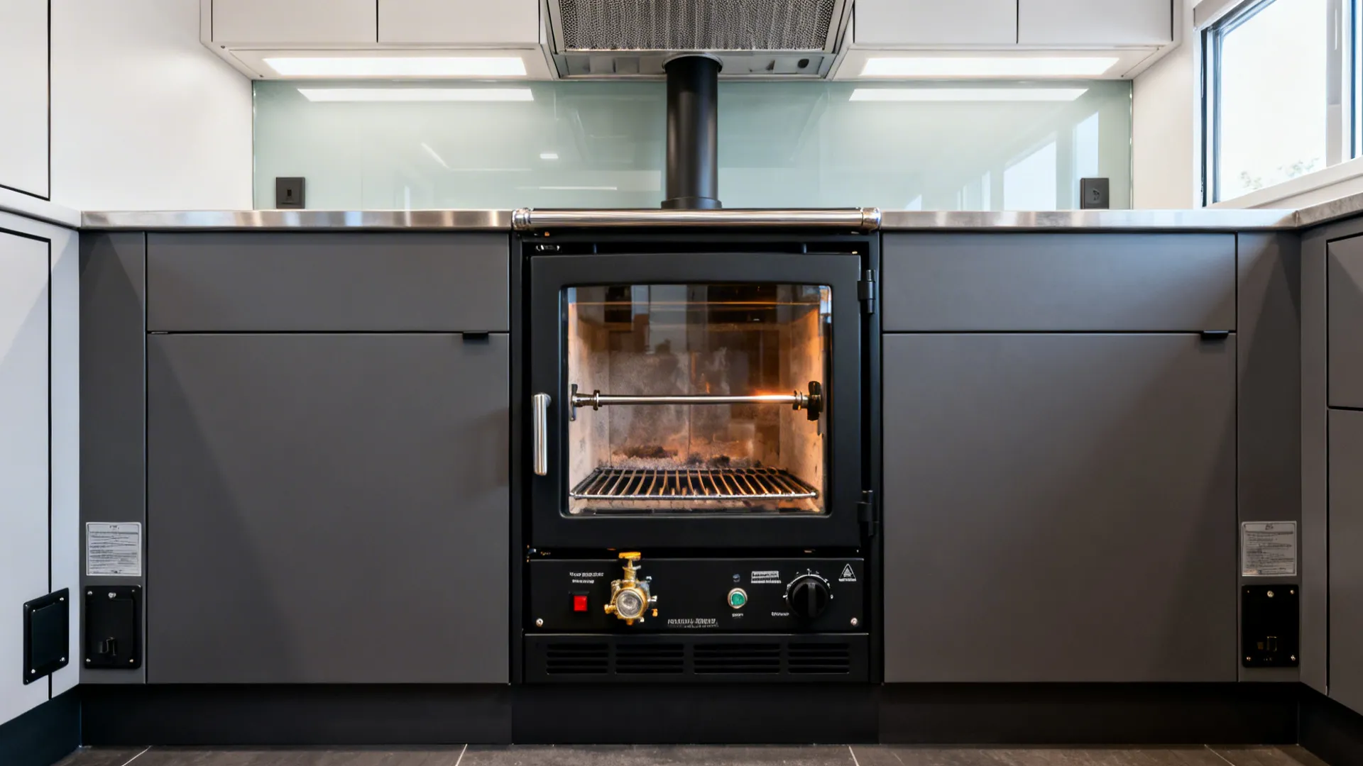 Sealed hybrid wood-gas fireplace insert with grate and rotisserie integrated into a compact kitchen wall.