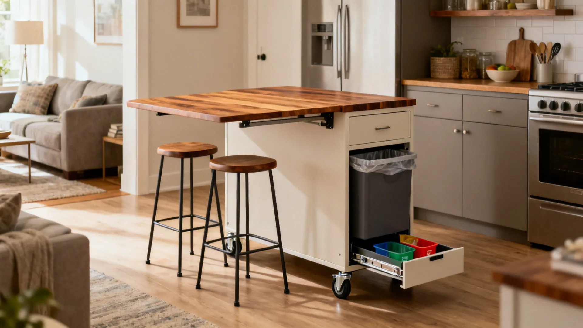 White kitchen island on wheels with wood top extended two stools and a trash bin