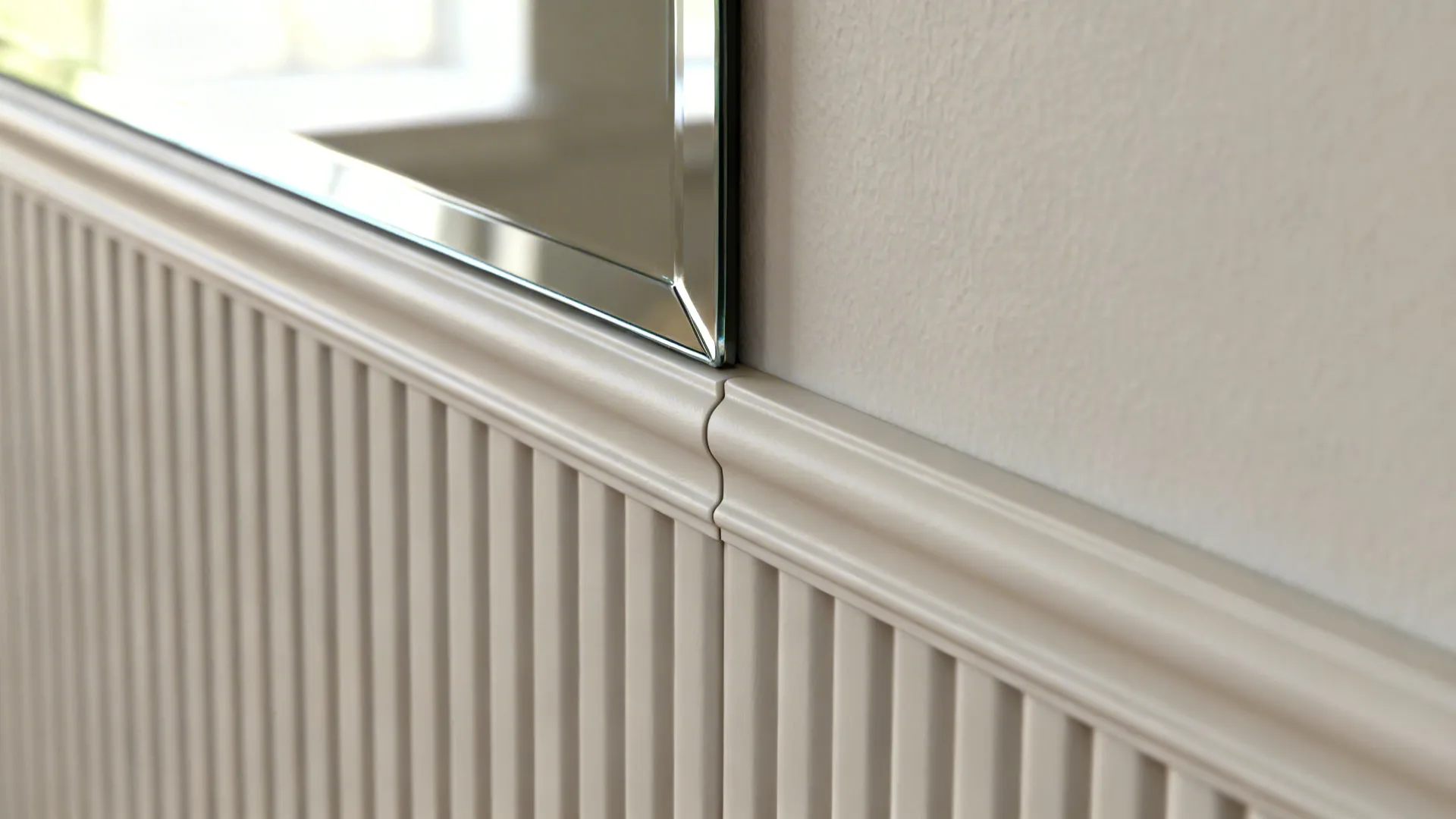 Macro of fluted PVC meeting a mirror edge and painted wall with clean trims.