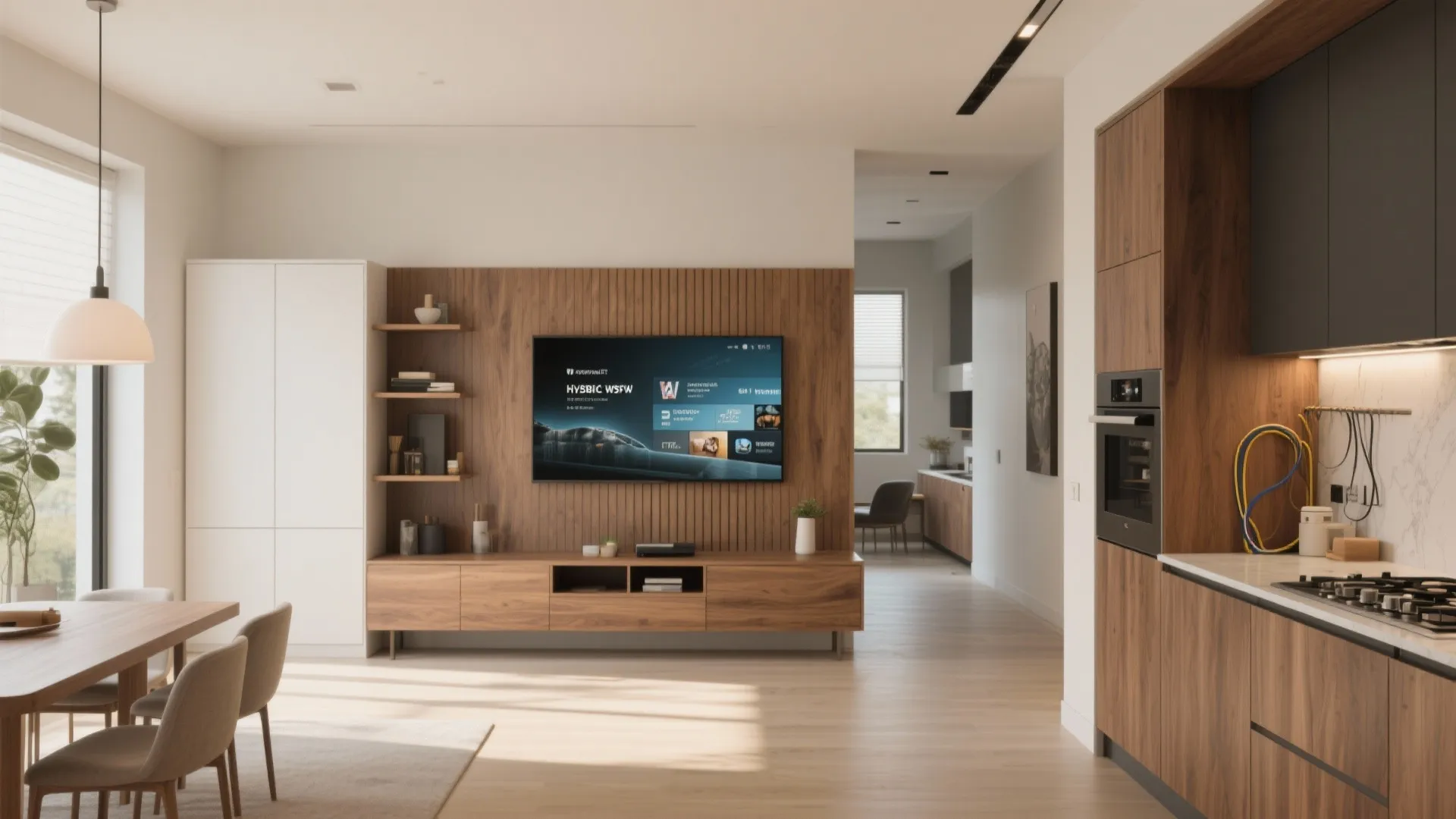 Modern living room with wooden wall panel, flat screen television, kitchen cabinets, and dining table