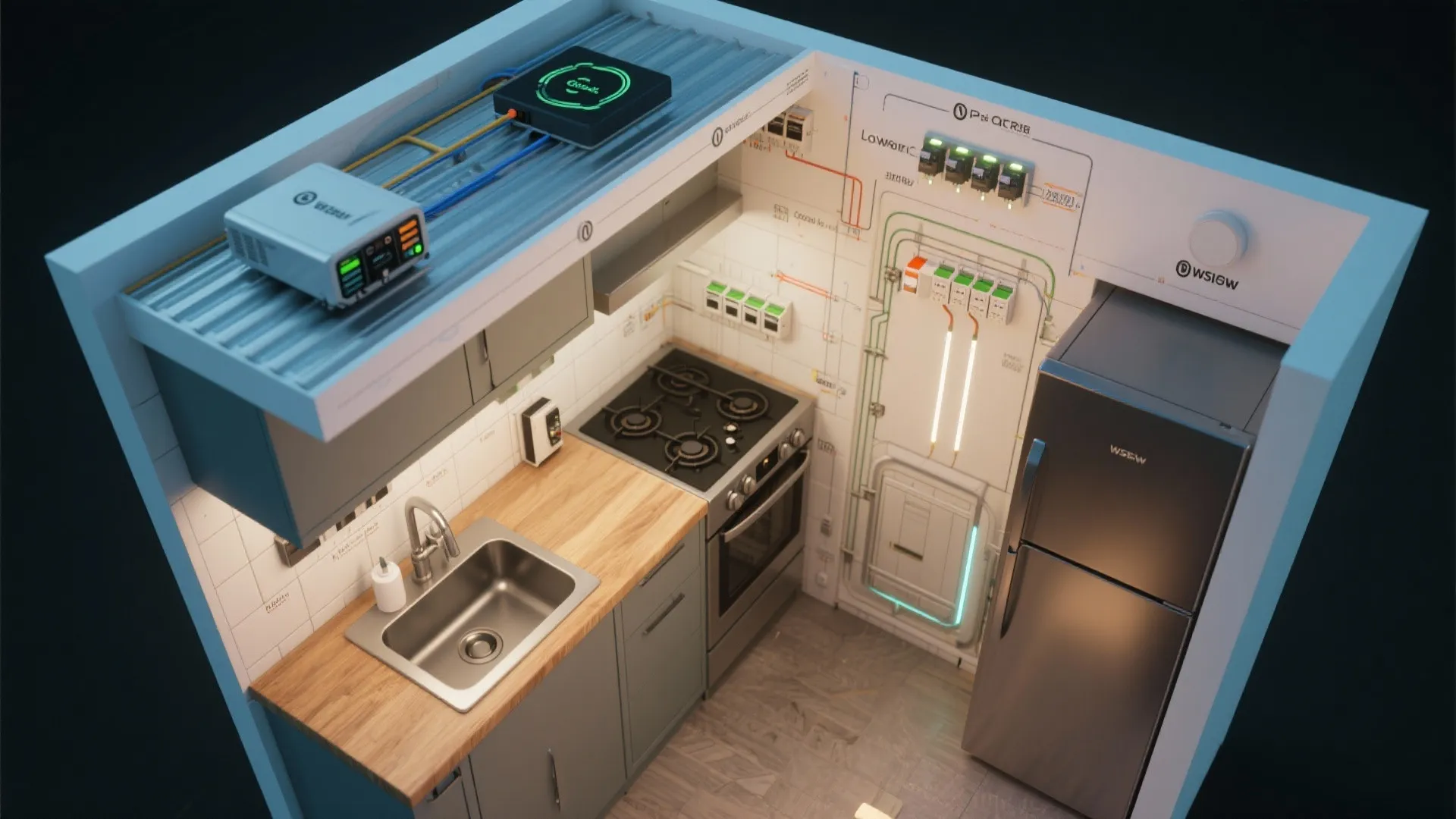 Interior design drawing of kitchen with wood counter sink stove fridge and wall power wires