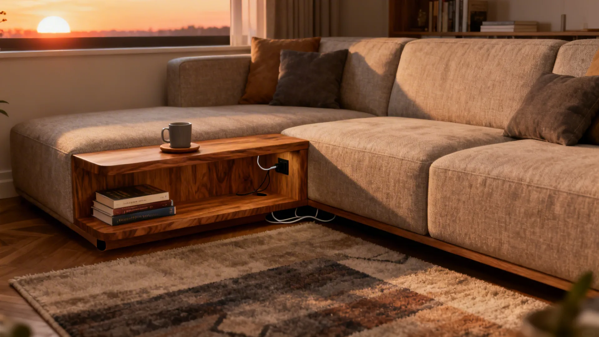 Hybrid L sofa with a built-in oak end shelf functioning as a side table in a small room.